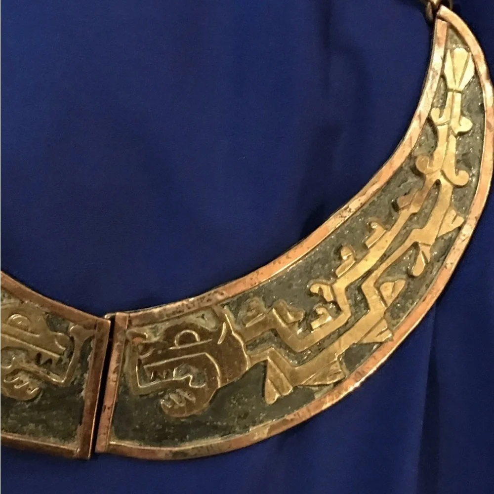 Vintage Aztec Copper Brass Choker Necklace Rare Mexico Tribal Boho Statement Art - Picture 4 of 14